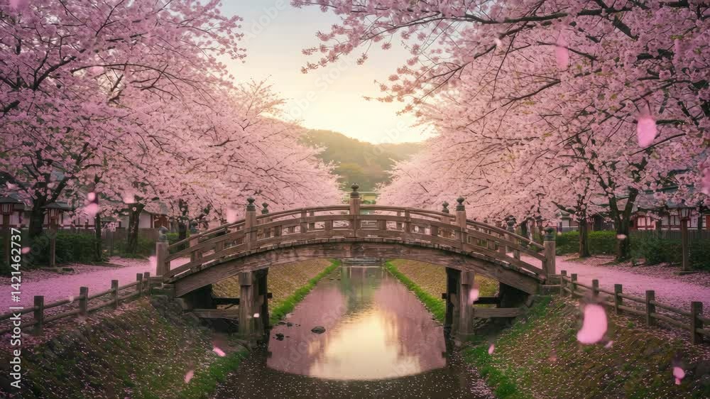 Anime Style Spring Landscape with Cherry Blossom Trees and Bridge over Calm River Anime Style Spring Landscape with Cherry Blossom Trees and Bridge over Calm River