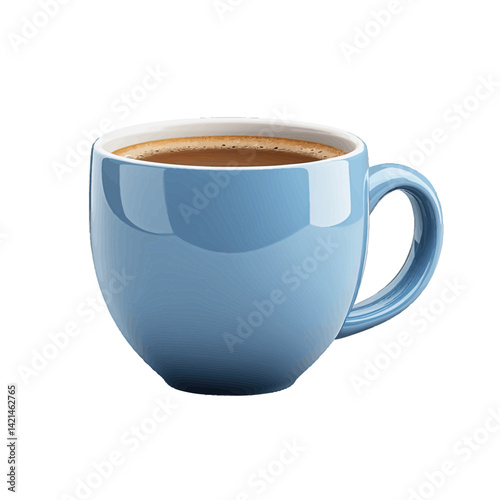 Volumetric illustration of a blue coffee cup filled with hot coffee on a white background