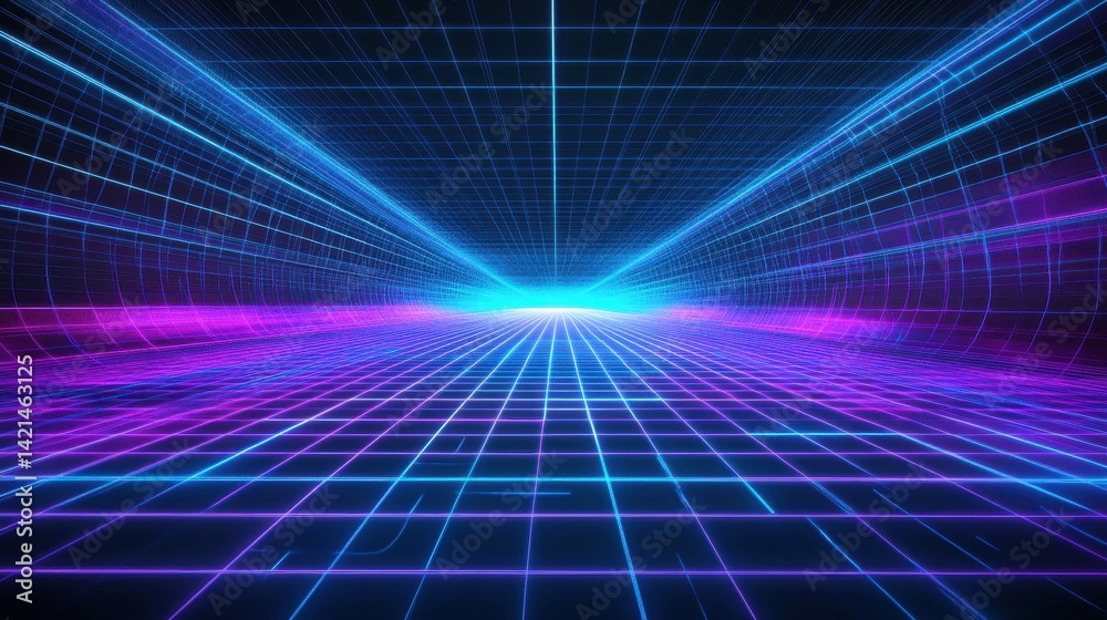 A vibrant, futuristic grid tunnel with neon glow. A vibrant, futuristic grid tunnel with neon glow.