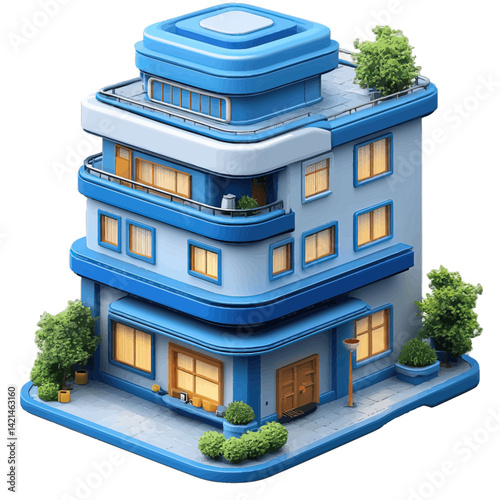 Volumetric illustration of a modern hospital building with distinctive design elements and landscaping