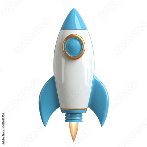 Volumetric illustration of a simple rocket design with sleek colors and a playful aesthetic