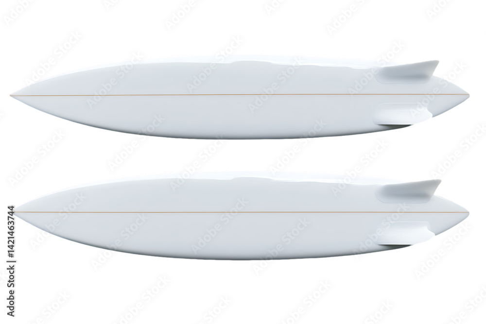 Twin White Surfboards, Minimalist Design, Side View, Clean Lines, Isolated. Twin White Surfboards, Minimalist Design, Side View, Clean Lines, Isolated.