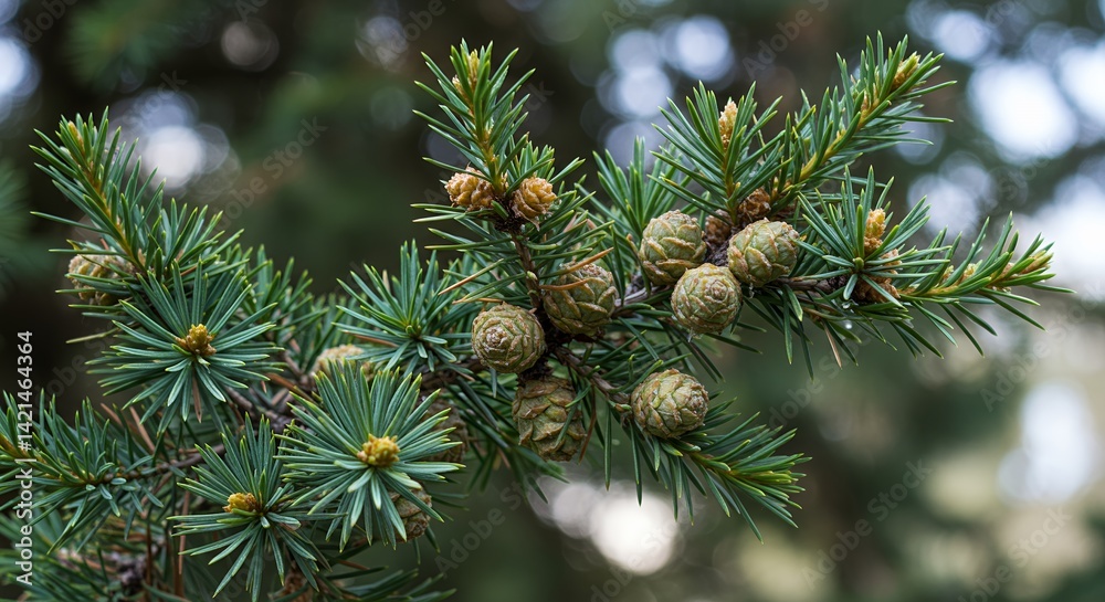 Fototapeta premium Cedar of Lebanon Close Up Featuring Needles and Cone Formations in Detailed Botanical Real Shot Showcasing Lush Greenery and Natural Texture Perfect for Decoration or Botanical Study
