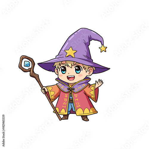 Cute vector Cheerful Cartoon Wizard Holding a Magical Staff