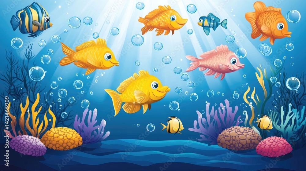 Naklejka premium Vibrant Underwater Scene: Colorful Fish Swimming Amidst Coral Reefs and Bubbles