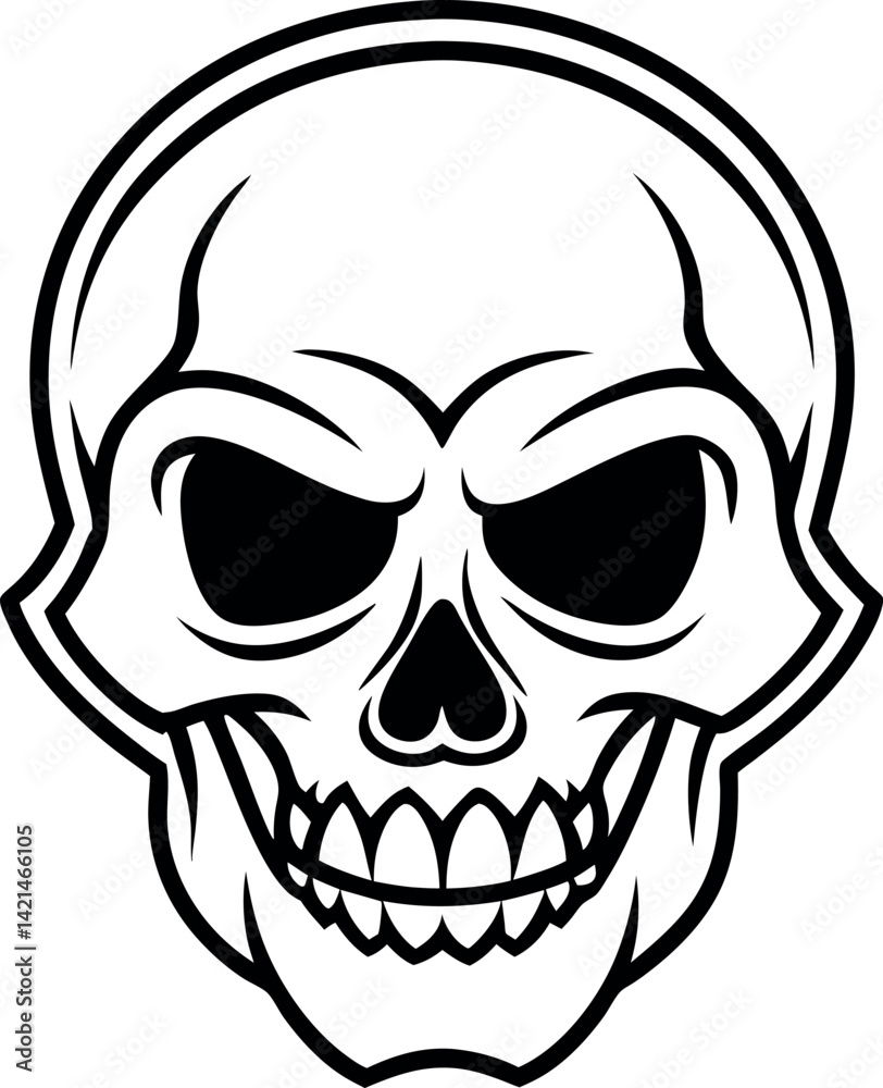 Fototapeta premium Line Art Skull Illustration, Cartoonish Black & White Skull Design, Simple Icon