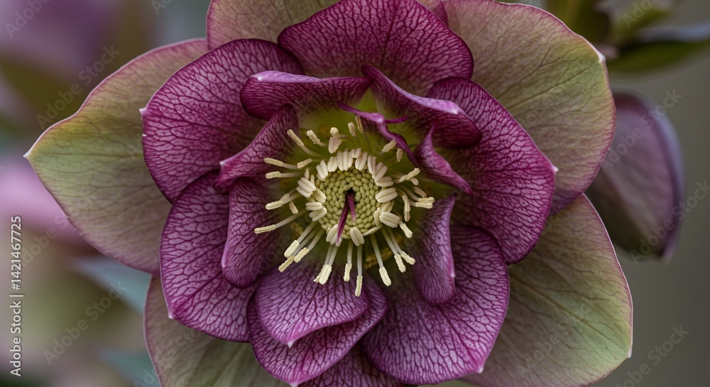 Detailed Botanical Helleborus Orientalis Flower with Deep Purple and Green Petals and Cream Stamens A Stunning Floral Close Up