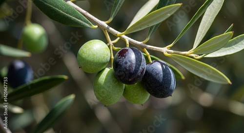 Detailed Botanical Olive Olea Europaea Branch Displaying Green and Black Fruit Structures and Leaf Arrangement in Natural Light with a Blurred Background in Daylight