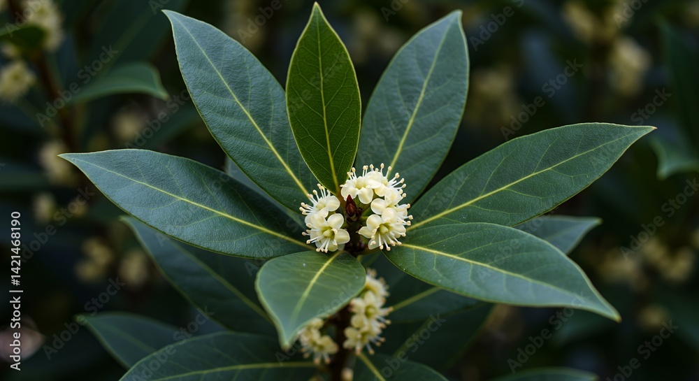 Obraz premium Detailed Botanical Real Shot of Bay Laurel Laurus Nobilis Highlighting Intricate Leaf Structure and Delicate Flower Arrangement for Education and Nature Themed Designs