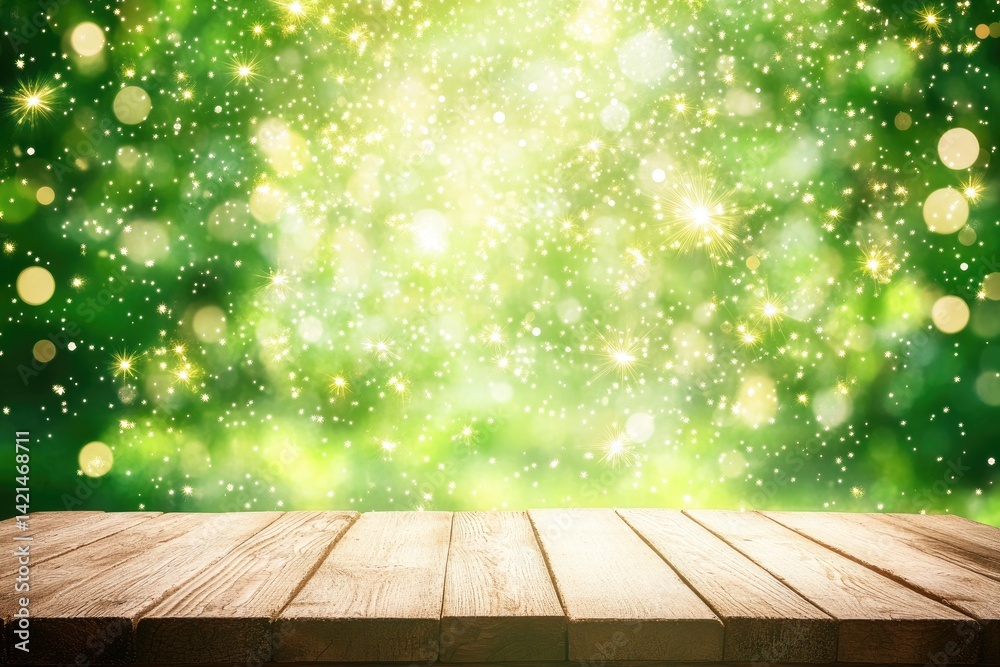 Wooden table top, green bokeh background Wooden table top, green bokeh background