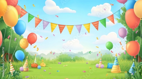Joyful Outdoor Birthday Party Scene with Balloons and Festive Decorations in a Lush Green Meadow