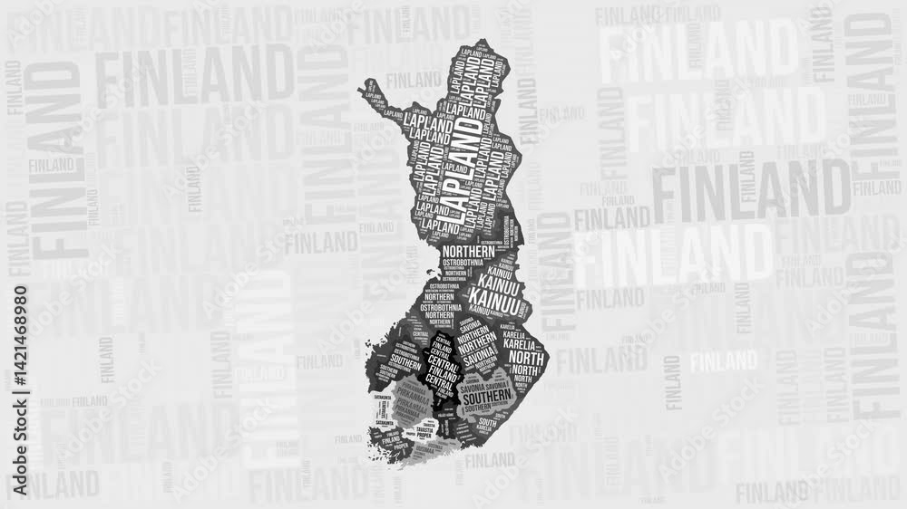 Finland Animation. Visual effect of Finland regions appearing in black and white word clouds style. Country intro video. Classy Animated Motion Graphics.
