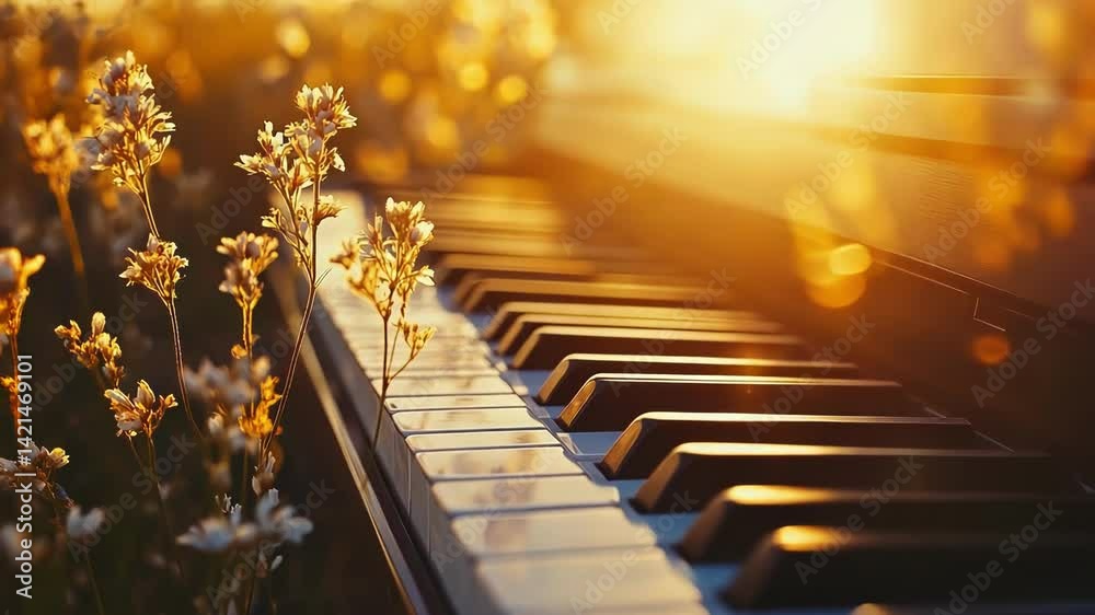 A piano keyboard sits amid wildflowers under a warm, golden sunlight.