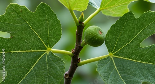Detailed Botanical Real Shot of Fig Ficus Carica Showing Leaf Structure and Syconium in Macro Close Up View Illustrating Plant Reproductive Cycle and Natural Beauty photo