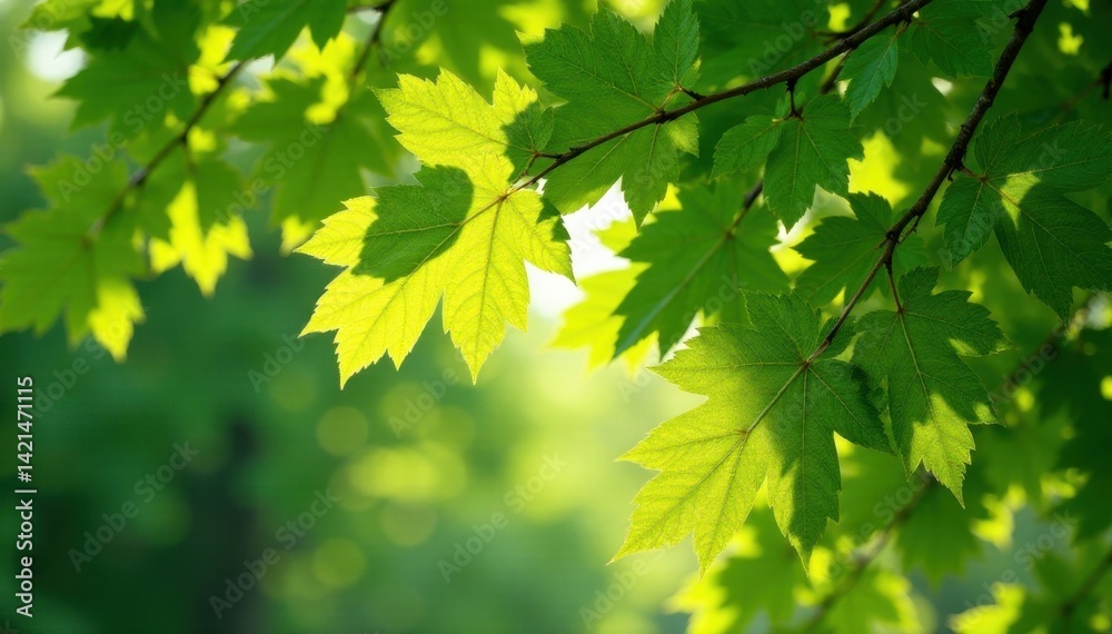 Sunlight dappling spring beech leaves, vibrant green canopy , forest, lush Sunlight dappling spring beech leaves, vibrant green canopy , forest, lush