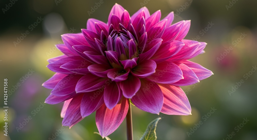 Fototapeta premium Detailed Botanical Real Shot of Pink Dahlia Pinnata Displaying Intricate Petal Arrangement and Visible Stem Structure with Soft Bokeh Background Perfect for Decoration