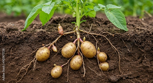 Detailed Botanical Real Shot of Potato Solanum Tuberosum Emphasizing Tuber Formation Displaying Root Structure and Earthy Brown Soil in an Agricultural Setting