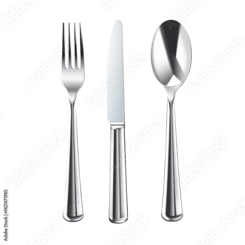 Shiny metal fork, knife, and spoon cutlery set isolated on transparent background, perfect for dining and restaurant visuals