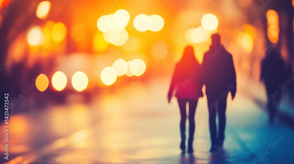 A blurred image shows a couple walking together at dusk A blurred image shows a couple walking together at dusk