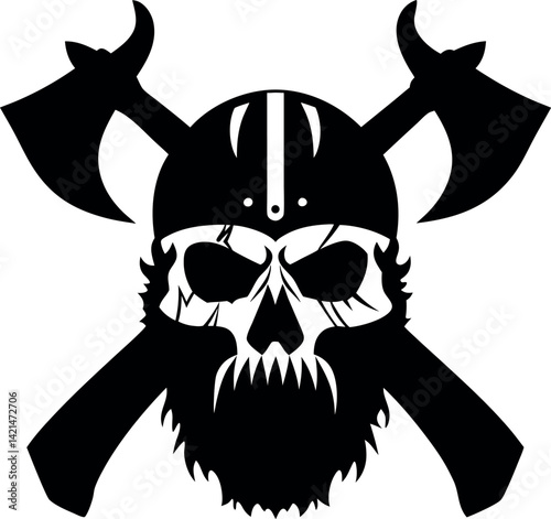 Viking Skull with Horned Helmet & Crossed Axes Silhouette Warrior, Death, Danger