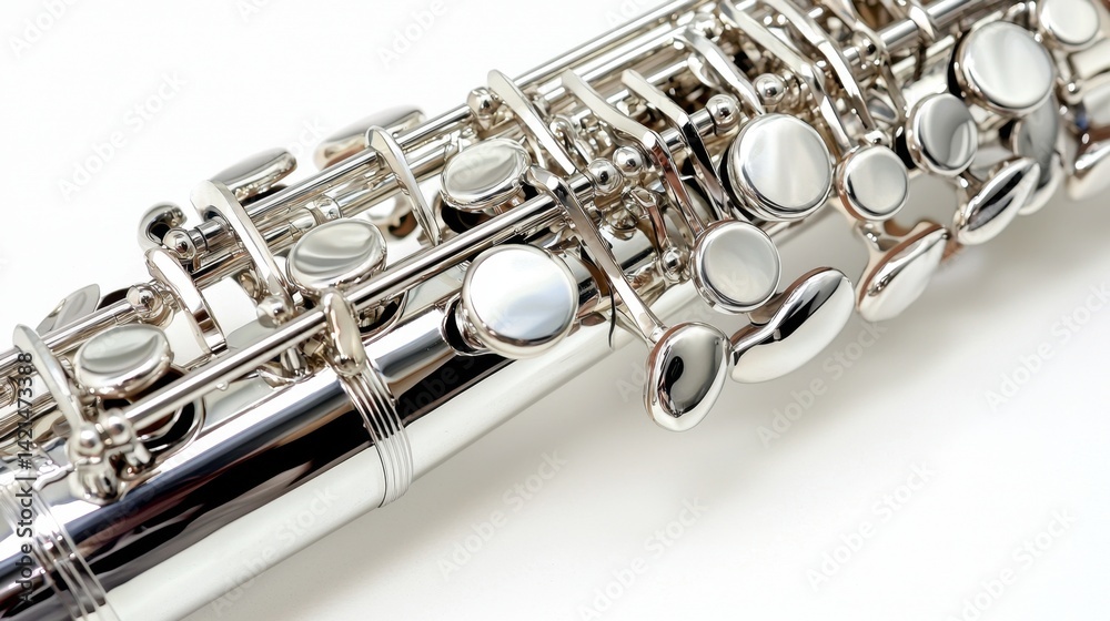 Fototapeta premium Flute with polished keys resting on a flat surface, showcasing intricate craftsmanship and design details in a well-lit setting