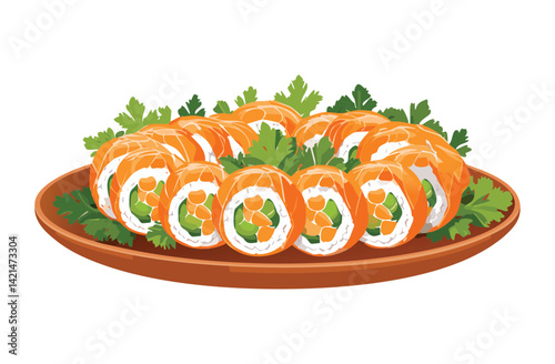 Fresh Salmon Sushi Rolls - Vector Illustration