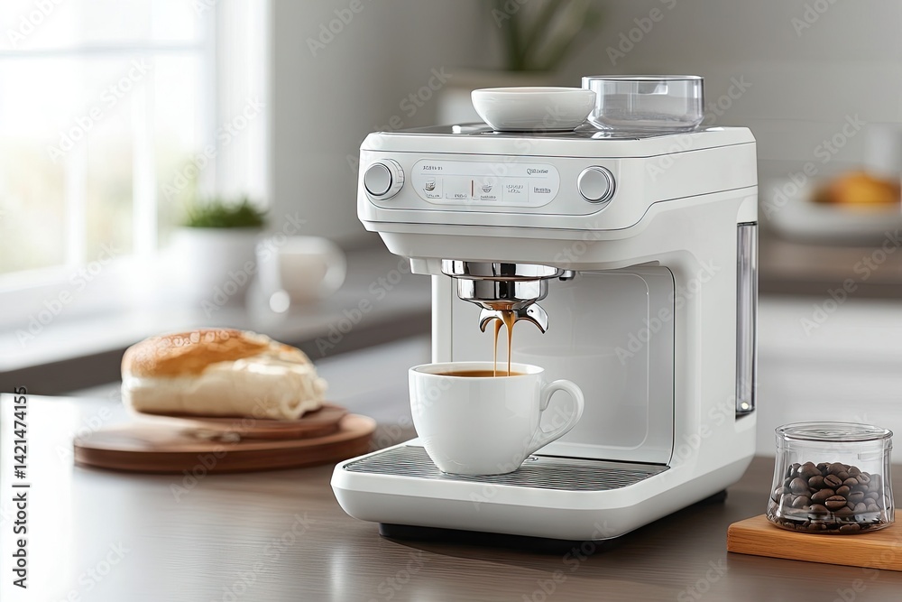 Modern white coffee machine pouring espresso
