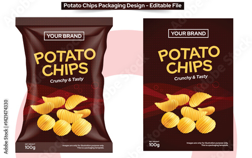 Potato Chips packaging design, food product flat label design for printing, potato chips pouch packaging design editable file and mockup template download