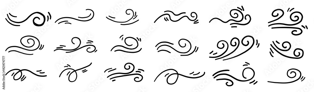 Fototapeta premium Wind and air swirl hand drawn in vector line doodle art. Autumn flow, smoke flow ornament illustration collection in simple style.