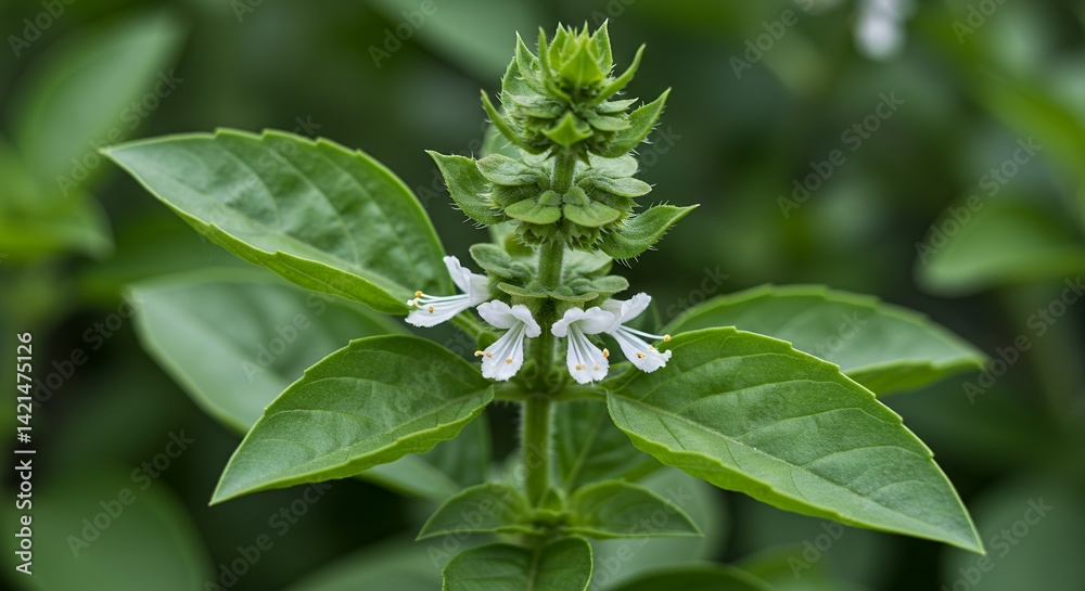 Detailed Close Up of Basil Ocimum Basilicum Leaves Showing Leaf Structure and Flower Arrangement in Natural Green Color