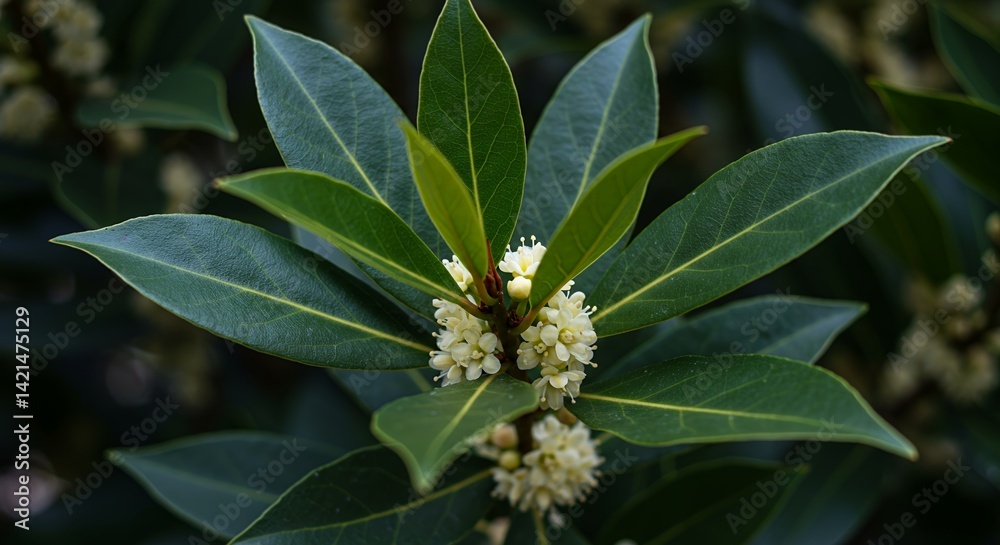 Detailed Close Up of Bay Laurel Laurus Nobilis Showcasing Leaf Texture and Flower Arrangement in Natural Light Botanical Elegance and Freshness Detailed Close Up of Bay Laurel Laurus Nobilis Showcasing Leaf Texture and Flower Arrangement in Natural Light Botanical Elegance and Freshness