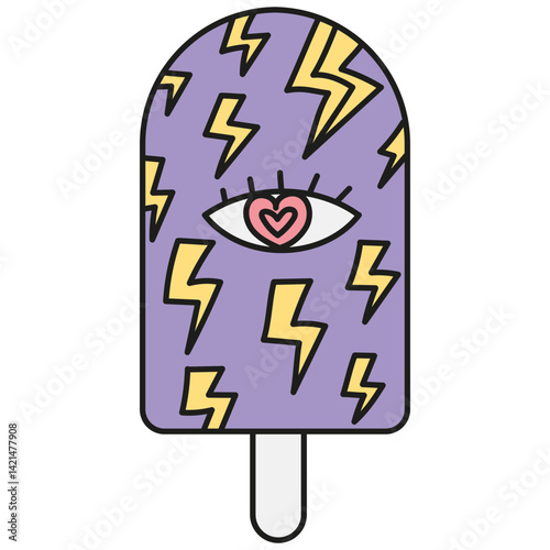 groovy ice cream, groovy boho popsicle in doodle color line style. Colorful ice pop with eye design and lightning motifs.