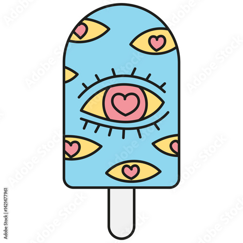 groovy ice cream, groovy boho popsicle in doodle color line style. Colorful ice cream pop with eye and heart designs on a blue background.