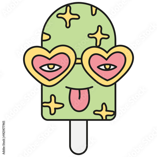 groovy ice cream, groovy boho popsicle in doodle color line style. Playful ice cream pop with heart-shaped glasses and a tongue out.