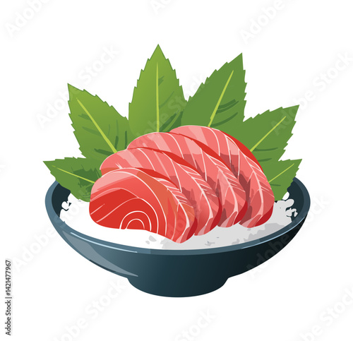 Tuna Sashimi Slice on Bowl - Vector Illustration