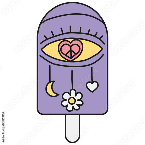 groovy ice cream, groovy boho popsicle in doodle color line style. Colorful popsicle design featuring eye and peace symbol elements in doodle color line style
