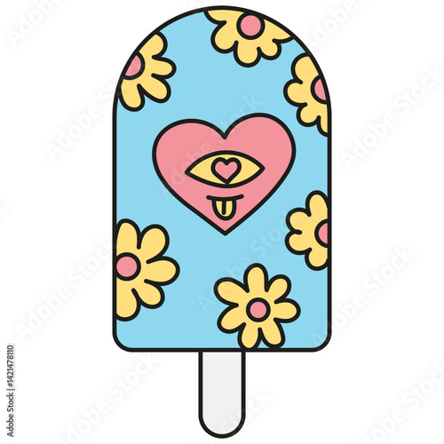 groovy ice cream, groovy boho popsicle in doodle color line style. Colorful ice cream pop with floral and heart designs.