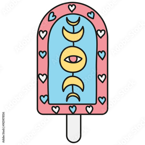 groovy ice cream, groovy boho popsicle in doodle color line style. Colorful ice cream pop with whimsical designs and hearts.