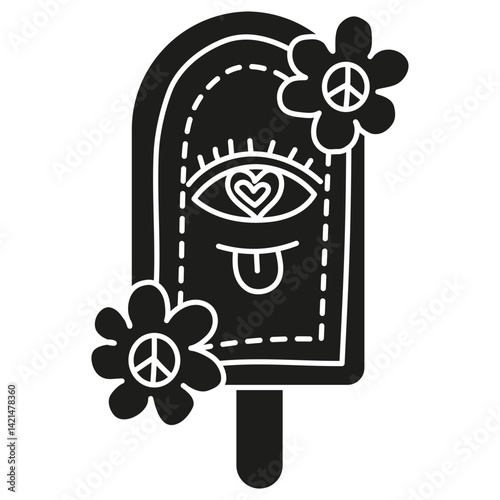 groovy ice cream, groovy boho popsicle in doodle glyph style. Playful ice cream pop with eye and flowers design.