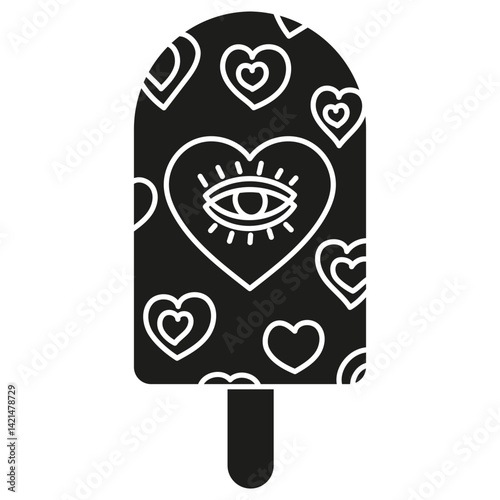 groovy ice cream, groovy boho popsicle in doodle glyph style. Colorful ice cream popsicle with heart patterns and an eye design.