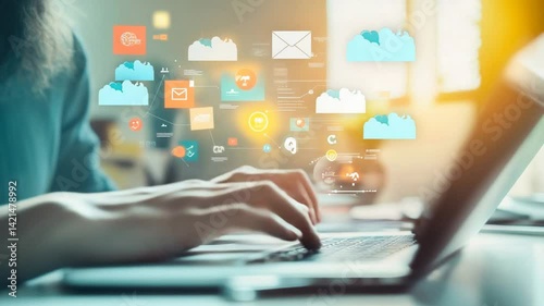 Woman using Laptop with Cloud Computing and Network Technology Overlays