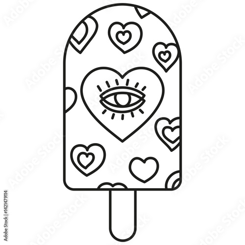 groovy ice cream, groovy boho popsicle in line style. Colorful ice cream popsicle with heart patterns and an eye design.