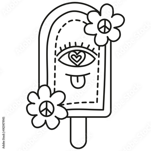 groovy ice cream, groovy boho popsicle in line style. Playful ice cream pop with eye and flowers design.