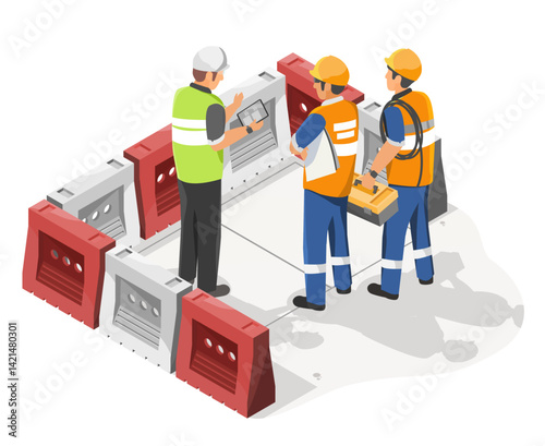 Team of construction engineers and technicians reviewing digital plans and discussing project strategy at a secured site before starting underground maintenance work isometric