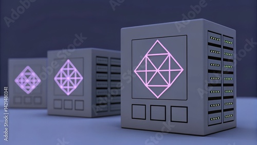 LLM Neural Network Model. Three computer servers with geometric designs and illuminated features, set against a dark background, showcasing modern technology aesthetics.