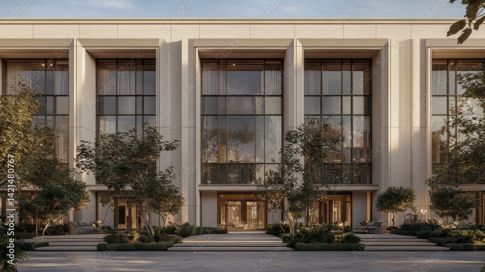 Fototapeta premium Modern architectural design featuring large glass windows and lush greenery in an upscale urban setting