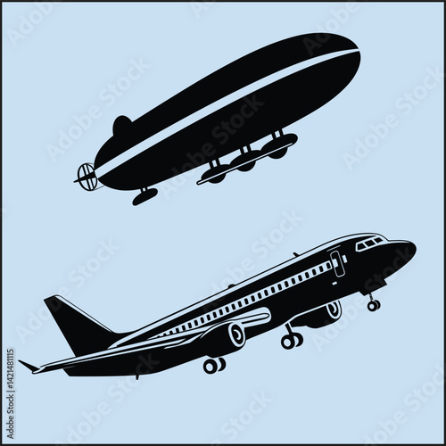 Silhouettes Set of Airplane, Flight