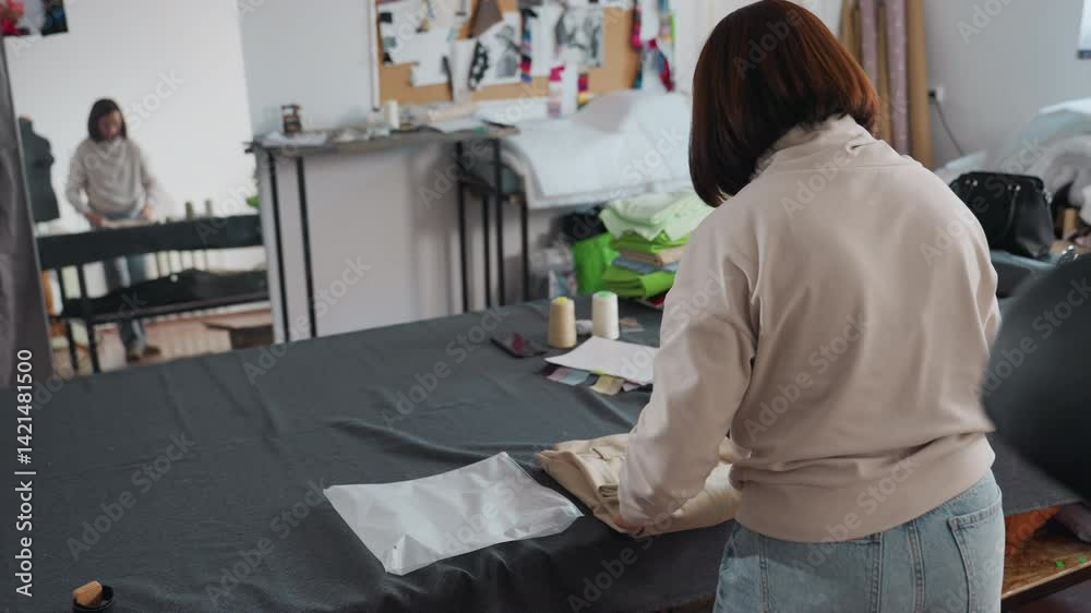 Stylist in bright sewing workspace delicately folds beige cloth removed from mannequin, sliding piece into transparent packaging bag on large cutting table while mirror reflects precise motions