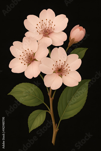 Cherry Blossom Branch: A delicate sprig of cherry blossoms, their soft pink petals and intricate details captured against a backdrop of elegance. The image evokes a sense of spring and new beginnings.