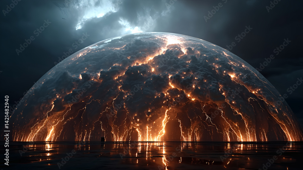 Fototapeta premium Dramatic Lightning Storm Within Glass Dome Over Dark Landscape